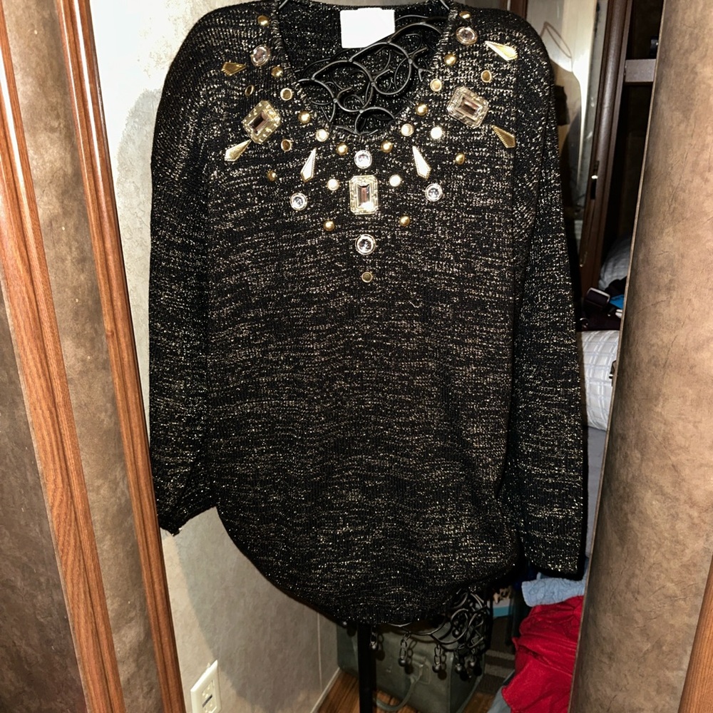 Vintage 90s Black Sweater with Embellished Neckline